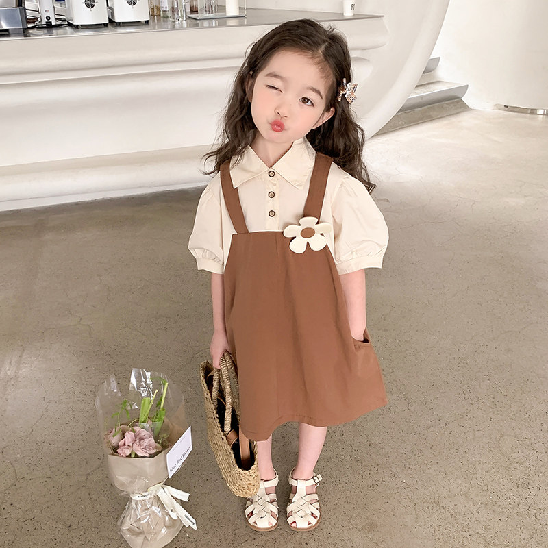 新品女童夏装连衣裙m2023新款小女孩假两件裙子儿童背带裙宝宝夏