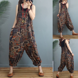 洋气连体灯笼裤 宽松九分裤 2021春夏女装 素若溪复古印花棉麻背带裤