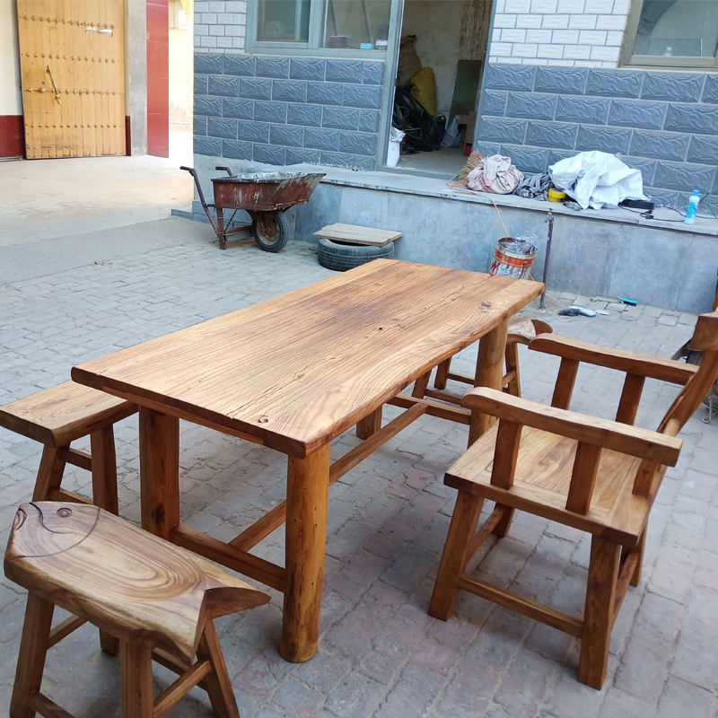 老榆木门板茶桌复古餐桌风化实木桌椅组合旧木板茶台禅意吧台桌子
