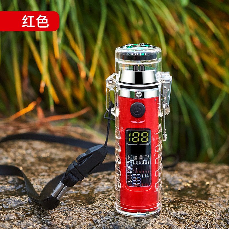 户外防水透明壳充电火机u多功能带手电指南针电子点烟器跨境