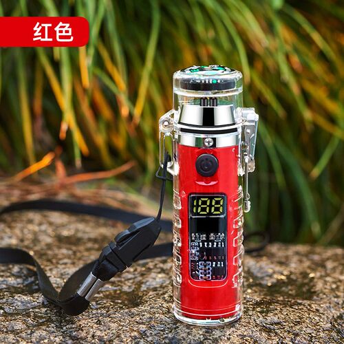 户外防水透明壳充电火机u多功能带手电指南针电子点烟器跨境