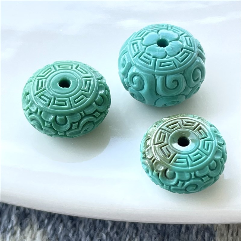 湖北原矿高瓷绿松石回纹珠散珠圆珠雕刻单珠腰珠文玩手串配珠天然