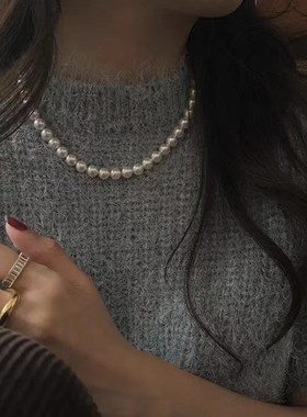 仿施家玻璃珍g珠 项链秋冬优雅时尚真多麻灰色小众高级感毛衣链