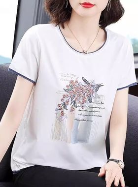 白色短袖女棉夏装新款半袖体恤40岁中年妇女宽松妈妈装上衣小衫潮