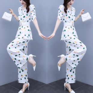 洋气网红时尚 雪纺套装 女夏季 2021年新款 气质两件套 减龄显瘦阔腿裤