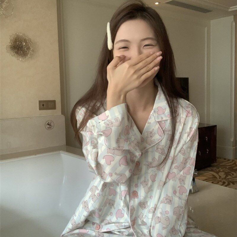 热销卡通猫咪印花长袖衬衫睡衣套装女甜美风休闲阔腿长裤居家服两