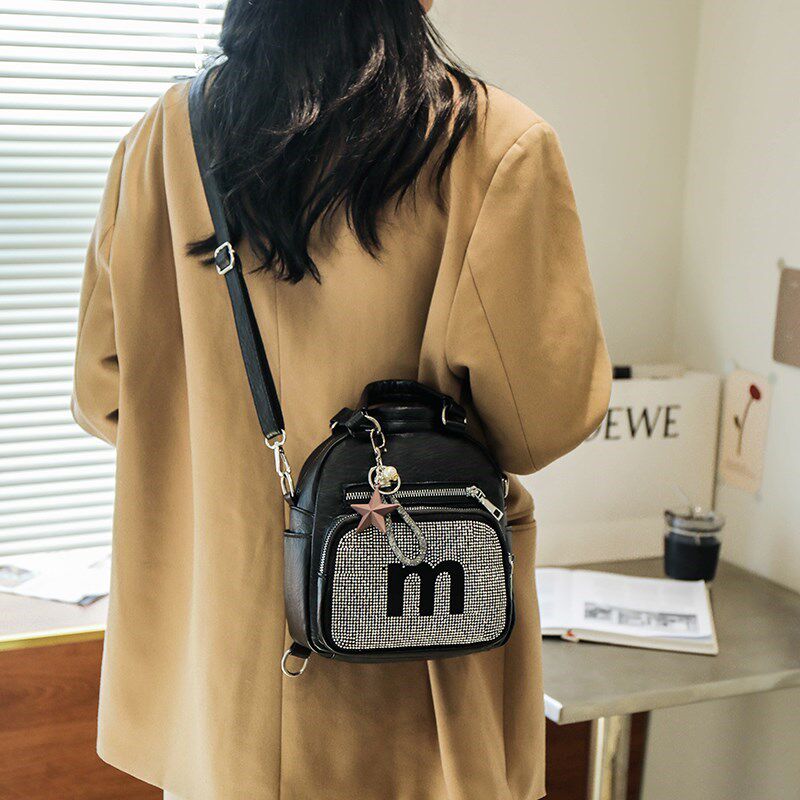 网红时尚烫钻多功能双肩包可斜挎超火的小背包女式百搭小型手提包