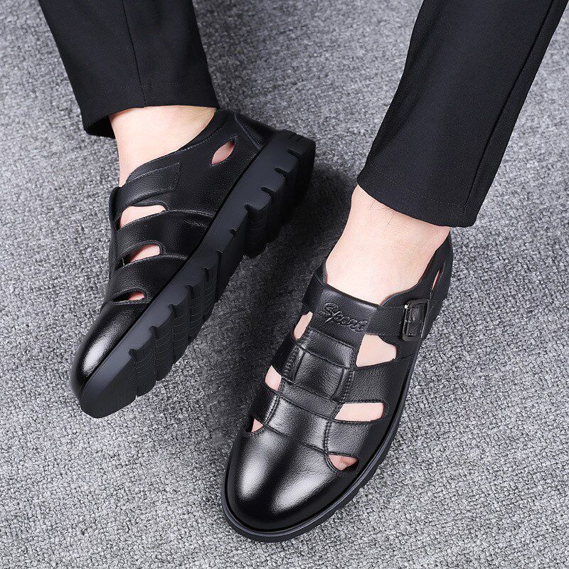 男式皮凉鞋2024夏季休闲镂空洞洞鞋百搭透气中老年爸爸包头凉皮鞋,流行男鞋,洞洞鞋,淘宝优惠券,粉丝福利购,淘宝优惠卷