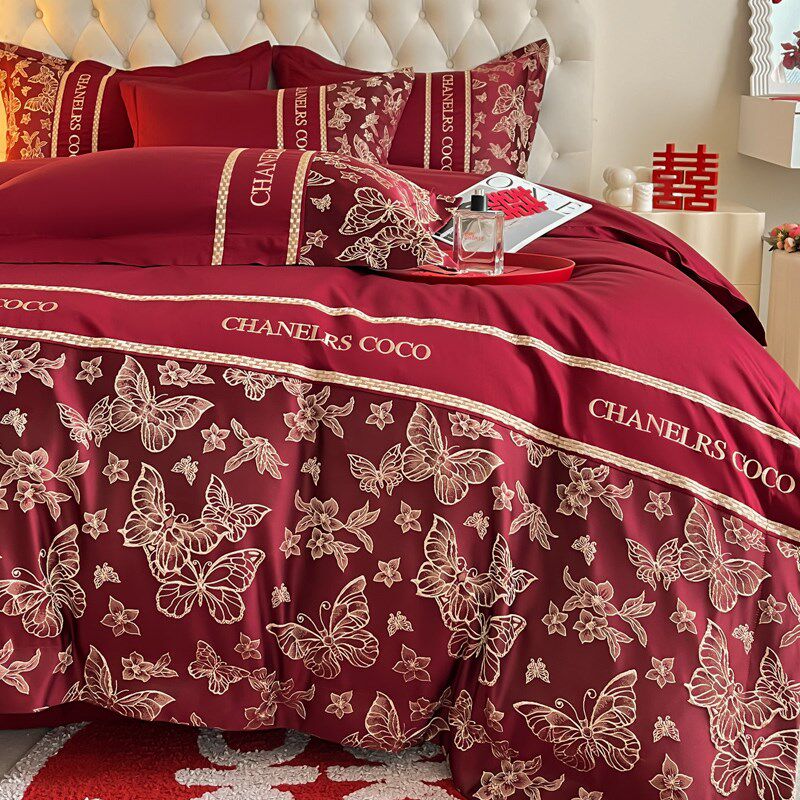 新中式结婚四件套酒红色被套被罩全棉床单陪嫁婚庆床品床笠款,床上用品,婚庆床品套件,淘宝优惠券,粉丝福利购,淘宝优惠卷