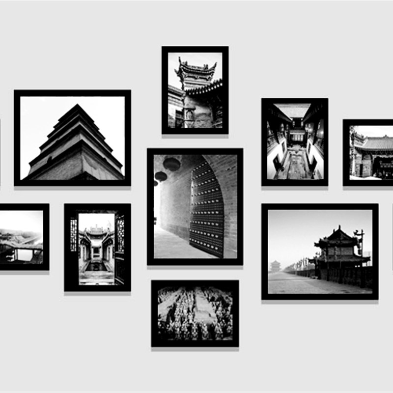 陕西西安建筑老照片墙饭店包厢餐饮装饰画咸阳酒店餐厅.挂画墙壁图片