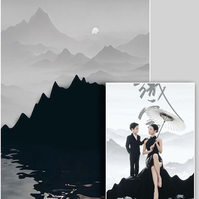 2024新中式背景布高级感水墨山水中国古风婚纱照影楼写真摄影拍照