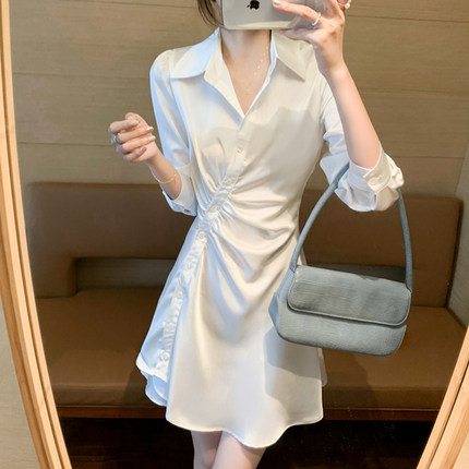 法式气质白色连衣裙子女春季2023年新款不规则收腰显瘦长袖衬衫裙