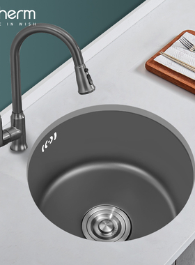 枪灰色纳米圆形水槽单槽小尺寸吧台岛台厨房304不锈钢洗菜盆台下