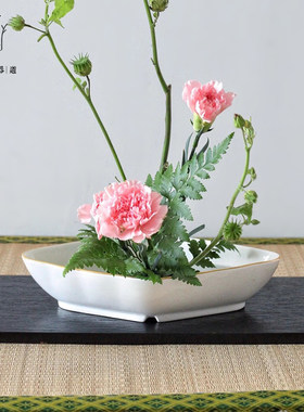 小原流花道花器天使n金色描边菱形插花器皿剑山插花器日式花盘禅
