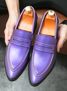 金色男鞋紫色休闲鞋绿色韩版小皮鞋英伦风一脚蹬尖头皮鞋47大码46