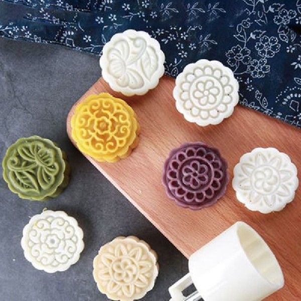 新品100g Mooncake Mold 4 Flowers Stamps Round Barrel Hand Pr