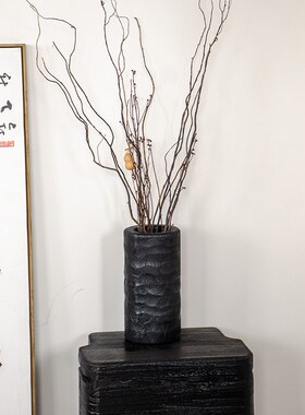 侘寂风黑色实木小口圆花瓶中古干花插花器碳化木复古玄关装饰摆件
