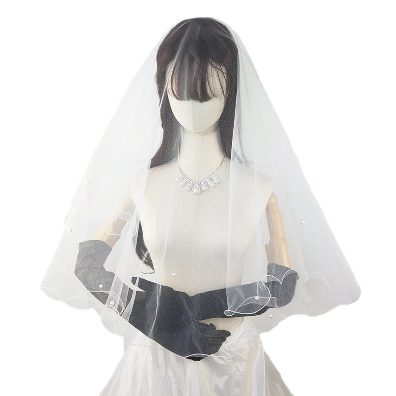 新娘头纱婚纱单层网纱森系丝线卷边珍珠网红拍Y照头饰面纱