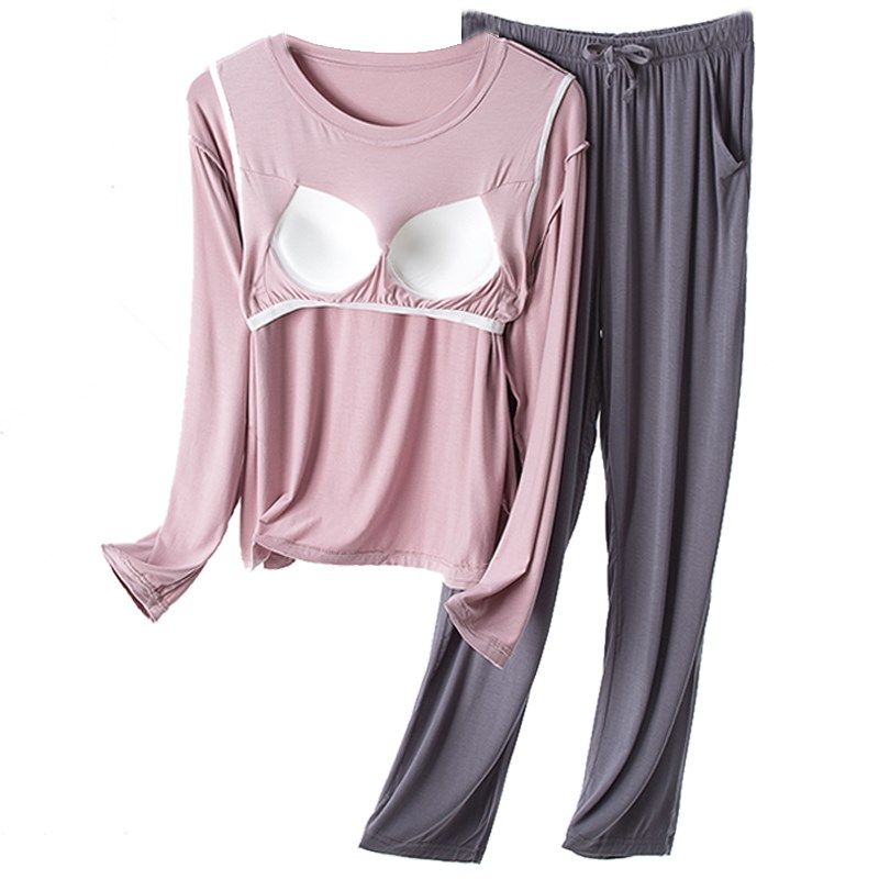 家居服女秋冬带胸垫长袖带杯睡衣防凸点起居服宽松大码长裤套装薄,女士内衣/男士内衣/家居服,睡衣/家居服套装,淘宝优惠券,粉丝福利购,淘宝优惠卷