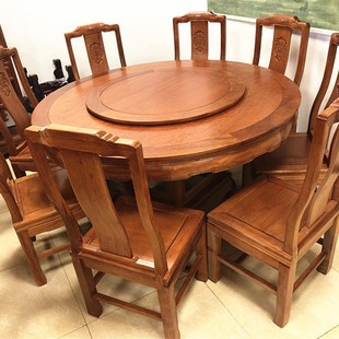 红木餐桌家具仿古圆台桌花梨木豪华雕花象头圆餐桌带转盘实木圆桌