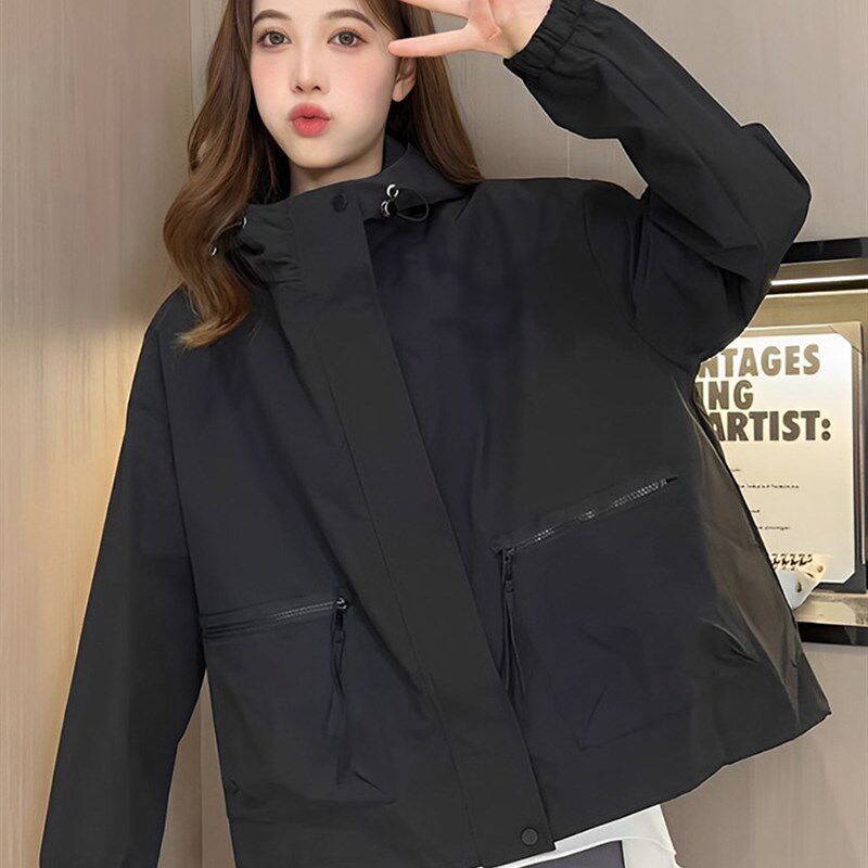 连帽冲锋衣女小个子防风棒球服短外套春秋夹克上衣女百搭工装风衣