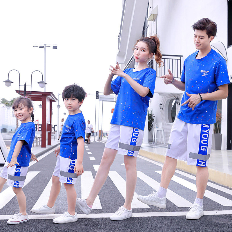 热销高端亲子装一家三口四口2023新款潮母子母女秋装长袖蓝色运动