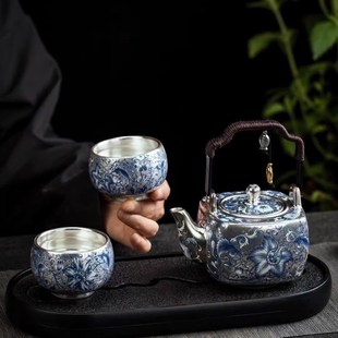 新款周鸿杰提梁壶一壶两杯鎏银茶壶茶杯家用办公功夫茶具套装