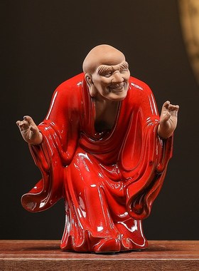 陶瓷欢喜罗汉佛像摆件十八罗汉尊者人物雕像中式博古架玄关装饰品