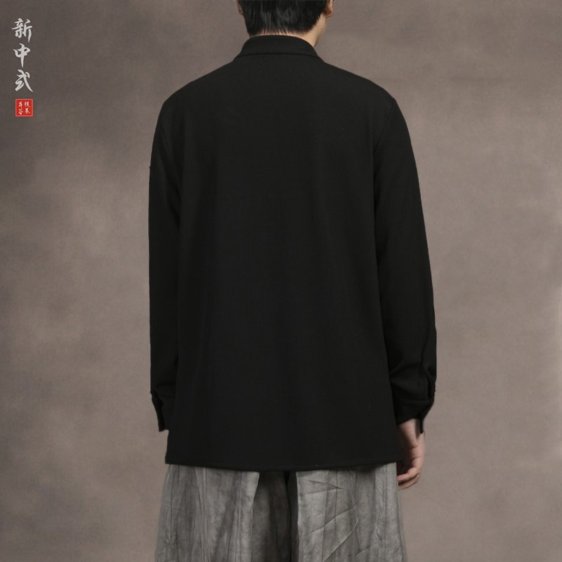 新中式复古斜襟汉服长袖中国风宽松立领唐装男衬衫民族风茶服上衣