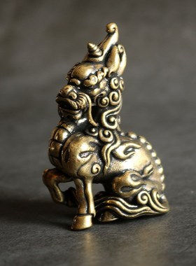 复古实心纯黄铜办公桌面车载小摆件招财貔貅随身工艺品手把玩件