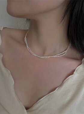 TYUSHA稀有强光天然小粒珍珠项链女14JK包金锁骨链简约气质串珠链