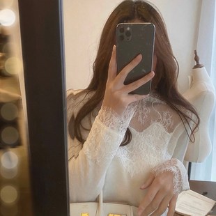 高领蕾丝打底衫女秋冬高级感配毛衣皮草内搭时尚洋气纱衣网纱上衣