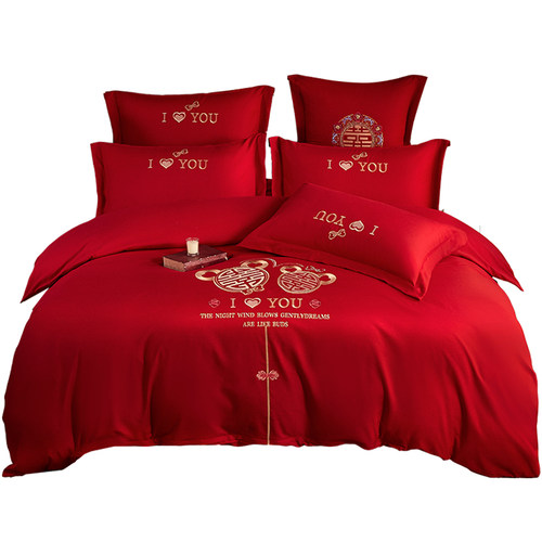 结婚喜庆大红色刺绣床单四件套1.8床2.0婚庆六件套中式棉床笠套件