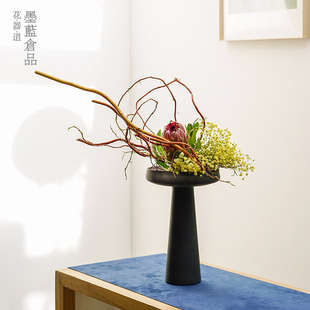 速发磨砂玻璃高脚花器禅意中式 半透明花瓶客厅桌面 插花器皿 日式