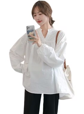 孕妇长袖b上衣白色V领衬衫春装2023新款娃娃衫设计感小众法式衬衣