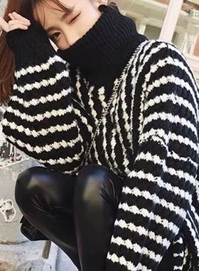 秋冬条纹黑色高领毛衣女宽松大版慵懒风粗线针织衫加绒Z加厚打底