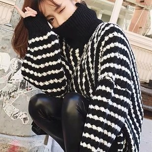 秋冬条纹黑色高领毛衣女宽松大版慵懒风粗线针织衫加绒Z加厚打底