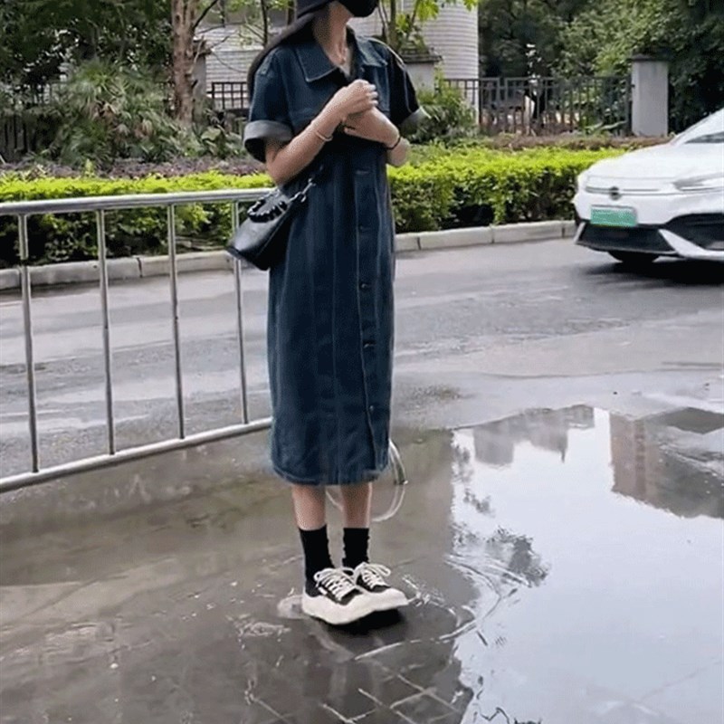 现货夏季女装高端精m致长款裙子遮肚子减龄蓝色宽松直筒polo牛仔