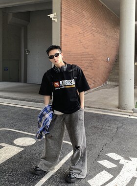 PLTH*美式重磅265g纯棉小领口宽松休闲版型经典简U约小众印花T恤