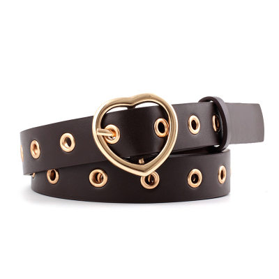 速发Women Gold Heart Buckle Leather Belt 女士爱心扣洞眼皮带