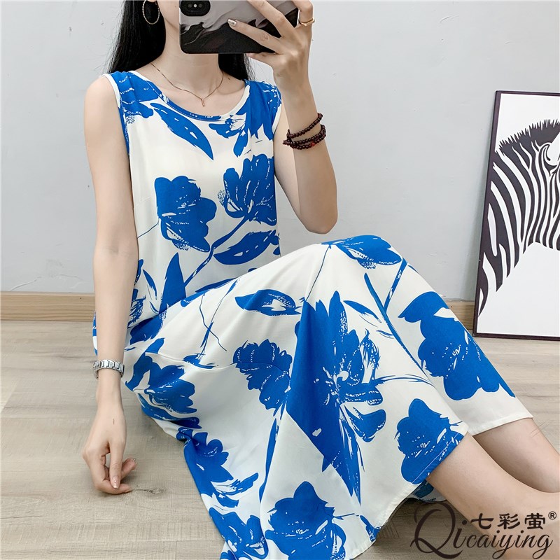 妈妈棉绸睡裙女士夏季大码可外穿长款睡衣裙宽松背心连衣裙家居服