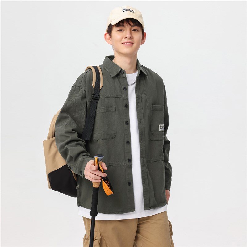 春秋季日系纯棉工装衬衫式夹克外套男美式复古宽松休闲长袖衬衣潮