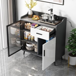 岩板餐边柜现代简约客厅水吧台储物茶吧玻璃门实木靠墙一体茶水柜