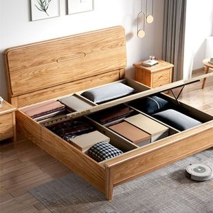 北美红橡实木床135CM宽的小床一米二五八储物1.2米儿童原木单人床