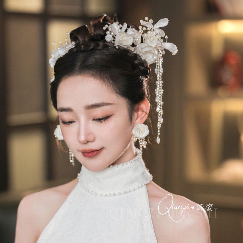 新款中式婚礼发簪套装手工花苞串珠流苏头饰发夹新娘造型发饰仙美