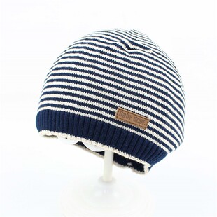 秋季薄款儿童帽子男童纯棉针织帽藏蓝条纹L婴儿帽子宝宝毛线帽圆