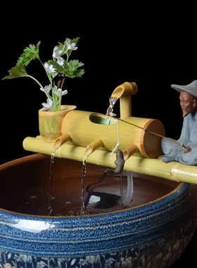 竹子流水竹筒流水器鱼缸石槽鱼池装饰陶瓷造景摆件过滤器养鱼制氧