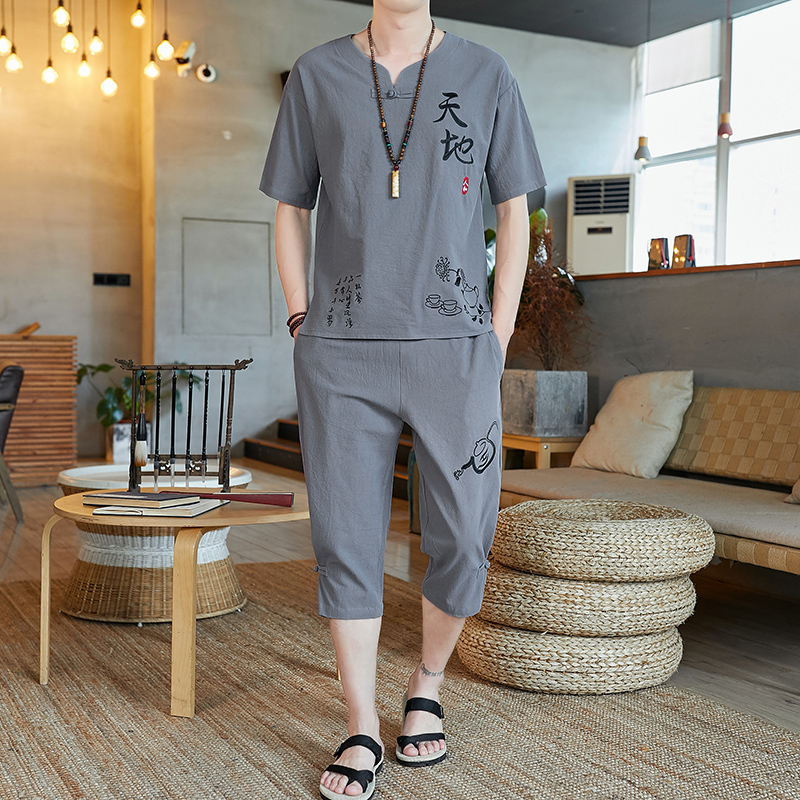七分裤套装男士夏季休闲短裤亚麻衣服搭配一套R帅气棉麻中国风男