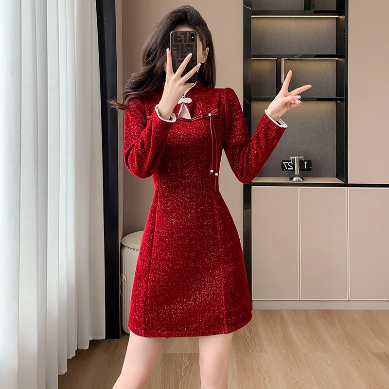 新中式气质改良旗袍女小个子日常可穿秋冬新款气质复古红色连衣裙