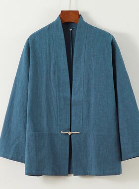 春秋中式盘扣宽袖子唐装披风外套对襟短打汉服套装男棉麻道袍古装